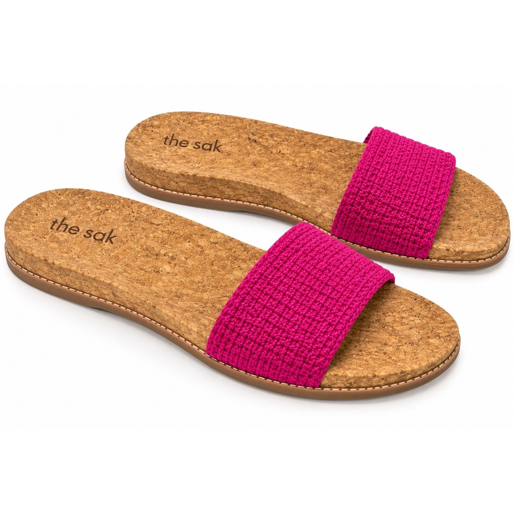 The Sak Fuchsia Pink Woven Slide Sandals Cork Footbed Slip On Boho Summer Size 8